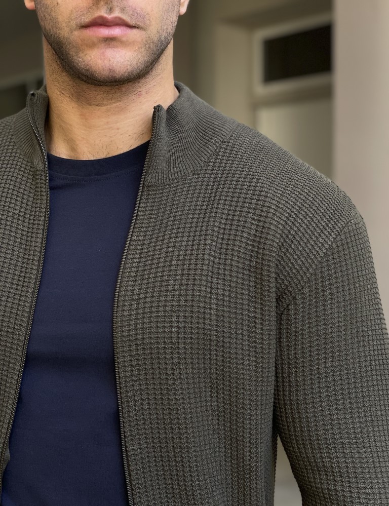 Ανδρική χακί πλεκτή ζακέτα με γιακά 24030X φωτογραφία